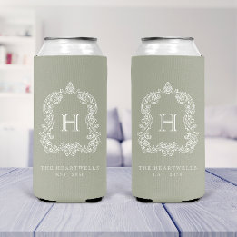 Monogram Botanical Crest Sage Green Wedding Selters Dosenkühler