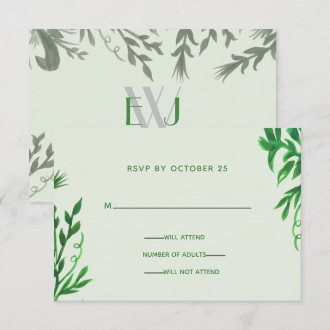 Monogram Botanical Greenerenerity Wedding rsvp Einladung (Vorne/Hinten)