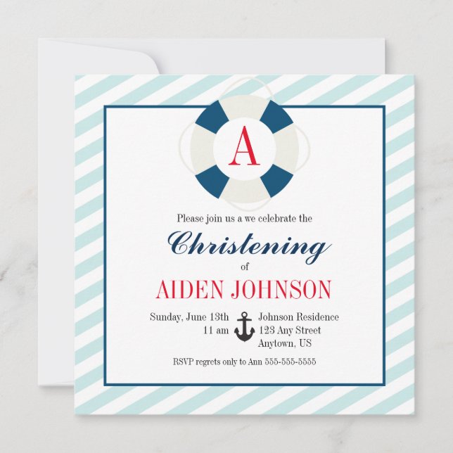 Monogram Bouy Nautical Baby Boy Christening Einladung (Vorderseite)