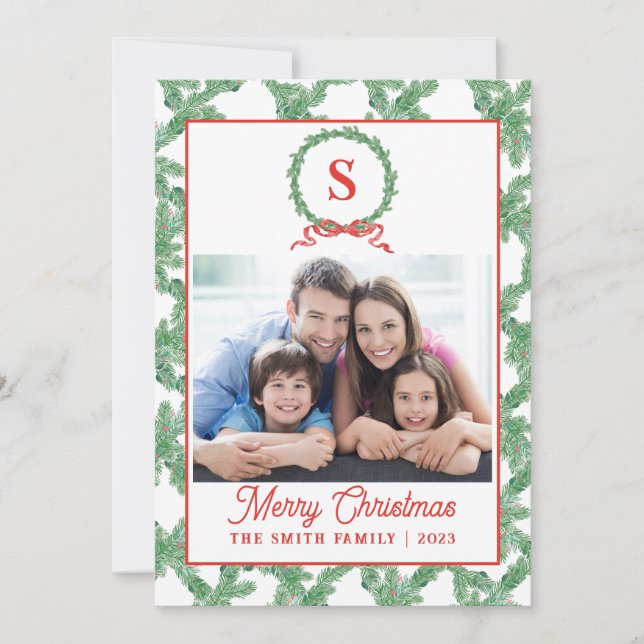Monogram Bow Wreath Weihnachtskarte Einladung (Vorderseite)