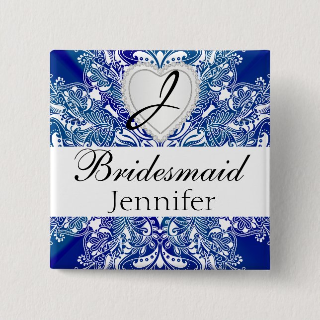 Monogram Brautparty Royal Blue Satin Design Button (Vorderseite)