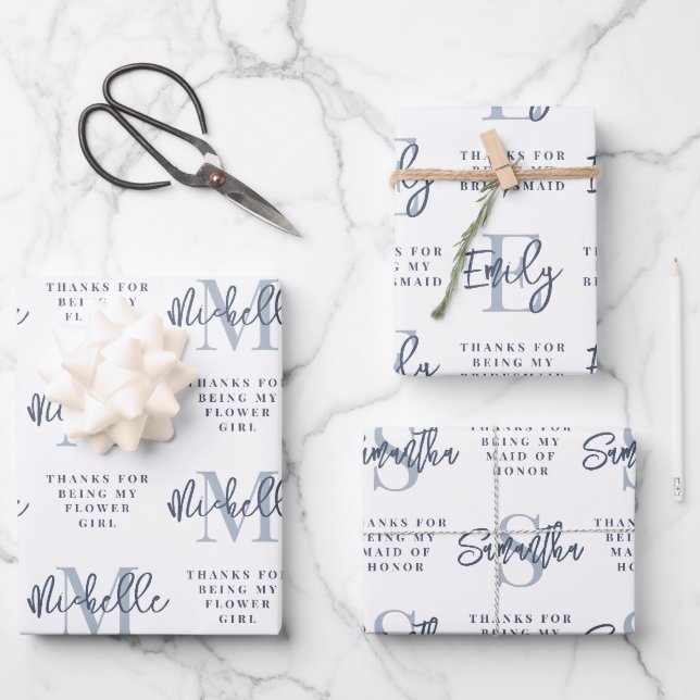 Monogram Bridesmaid Flower Girl Maid Honig Blue Geschenkpapier Set (Vorderseite)