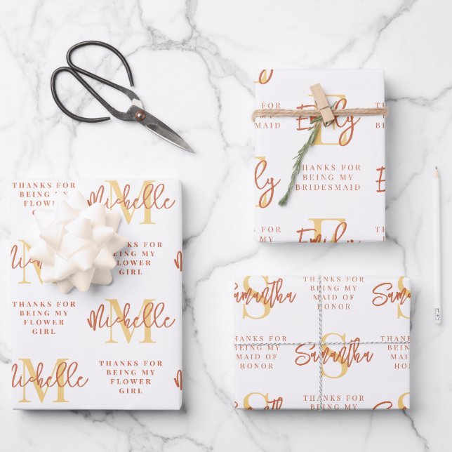 Monogram Bridesmaid Flower Girl Maid Honorar Danke Geschenkpapier Set (Vorderseite)