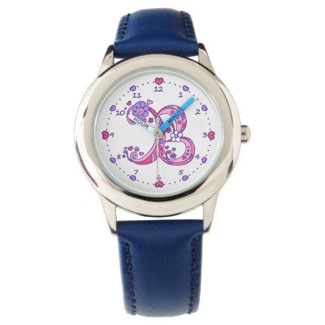 Monogram Brief B Doodle Herzmädchen sehen zu Armbanduhr (Vorderseite)