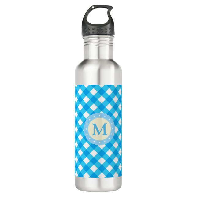 Monogram Bright Blue Gingham Pattern Edelstahlflasche (Vorderseite)