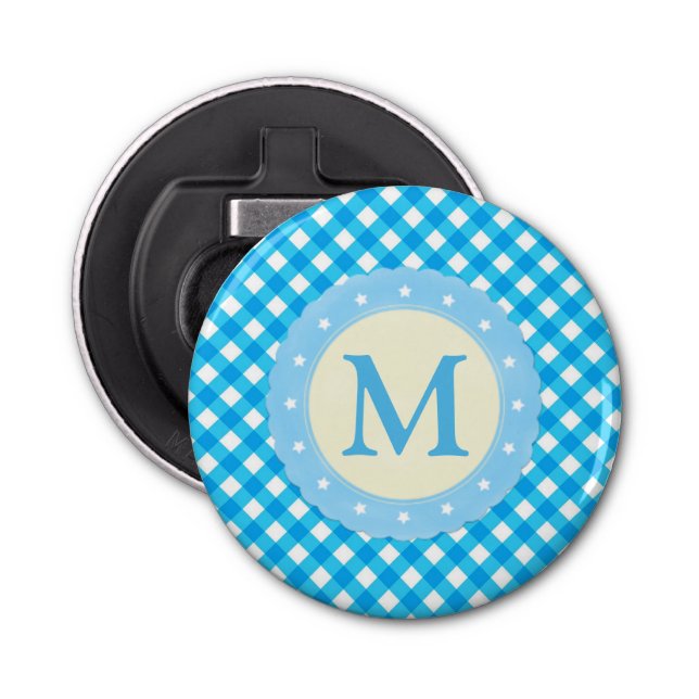 Monogram Bright Blue Gingham Pattern Flaschenöffner (Vorderseite)