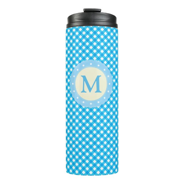 Monogram Bright Blue Gingham Pattern Thermosbecher (Vorderseite)