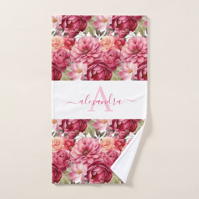 Monogram Bright Pink Floral Elegant Towel Set (Handtuch)