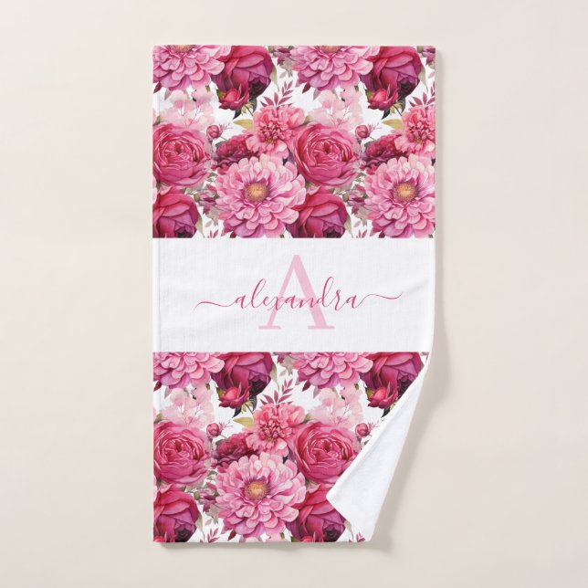 Monogram Bright Pink Floral Elegant Towel Set (Handtuch)