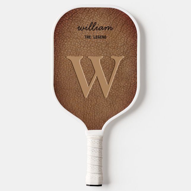 Monogram Brown Leather Script Name Rustic Pickleball Schläger (Rückseite)