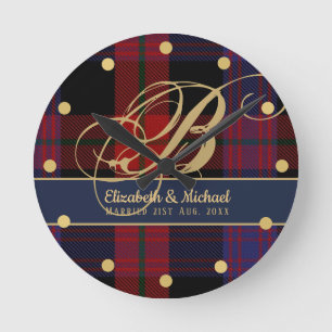 Monogram BROWN Tartan Blue Red Newlyweds Wedding Runde Wanduhr