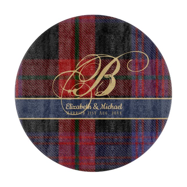 Monogram BROWN Tartan Blue Red Newlyweds Wedding Schneidebrett (Vorderseite)