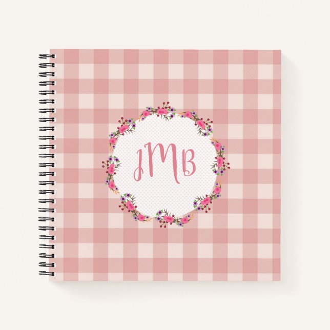 Monogram Buffalo Kariert | Rosa Karos und Blume Notizbuch (Vorderseite)