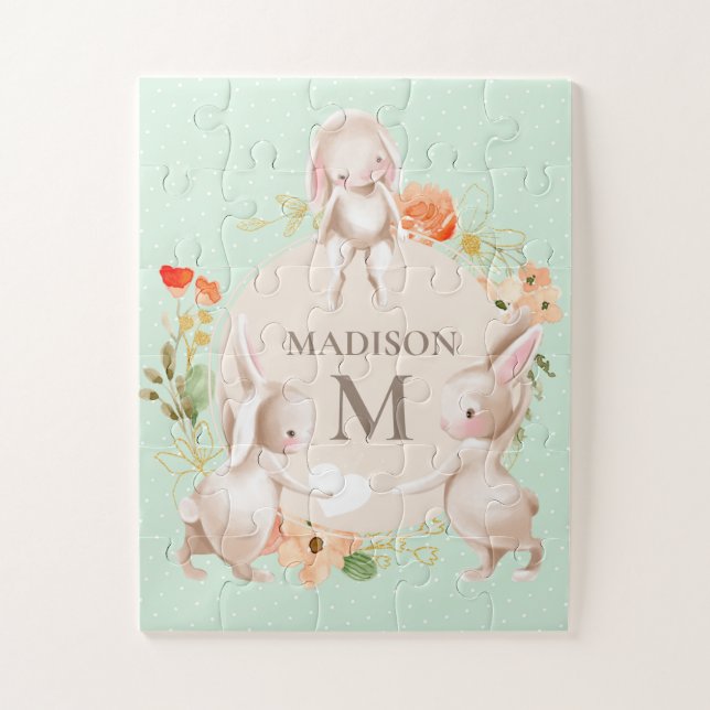 Monogram Bunny Rabbits Floral Girl Personalisiert (Vertikal)
