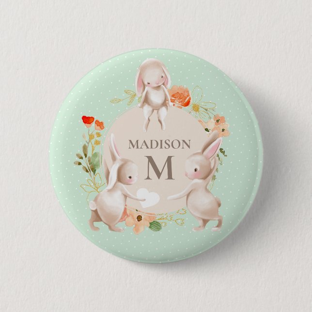 Monogram Bunny Rabbits Floral Girl Personalisiert Button (Vorderseite)