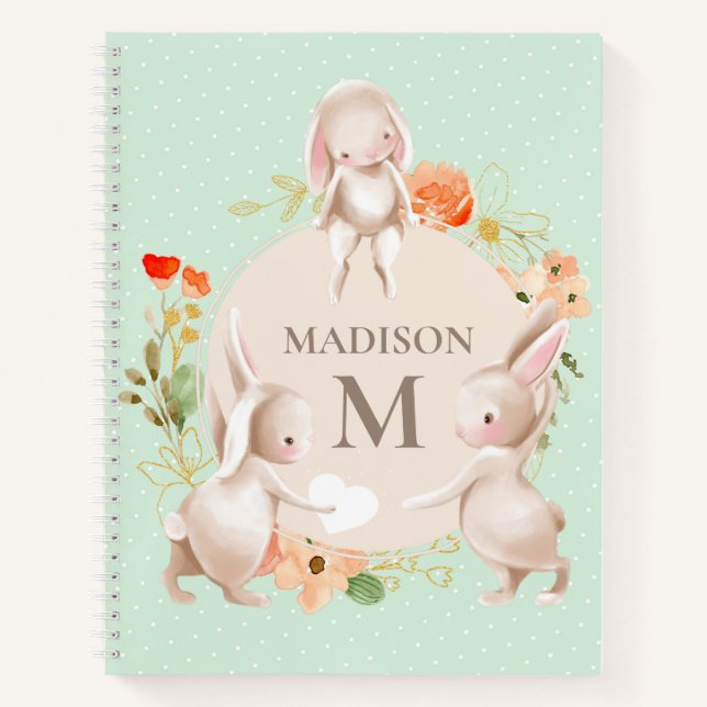 Monogram Bunny Rabbits Floral Girl Personalisiert Notizbuch (Vorderseite)