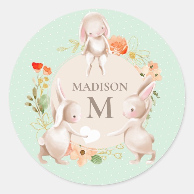 Monogram Bunny Rabbits Floral Girl Personalisiert Runder Aufkleber (Vorderseite)