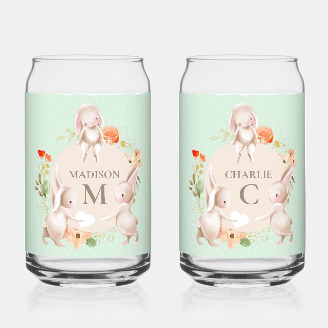 Monogram Bunny Rabbits Floral Oaster Personalisier Dosenglas (Vorderseite)