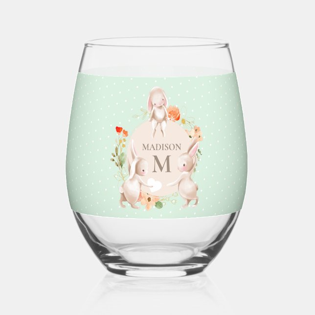 Monogram Bunny Rabbits Floral Oaster Personalisier Weinglas Ohne Stiel (Vorderseite)