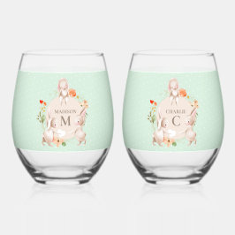 Monogram Bunny Rabbits Floral Oaster Personalisier Weinglas Ohne Stiel
