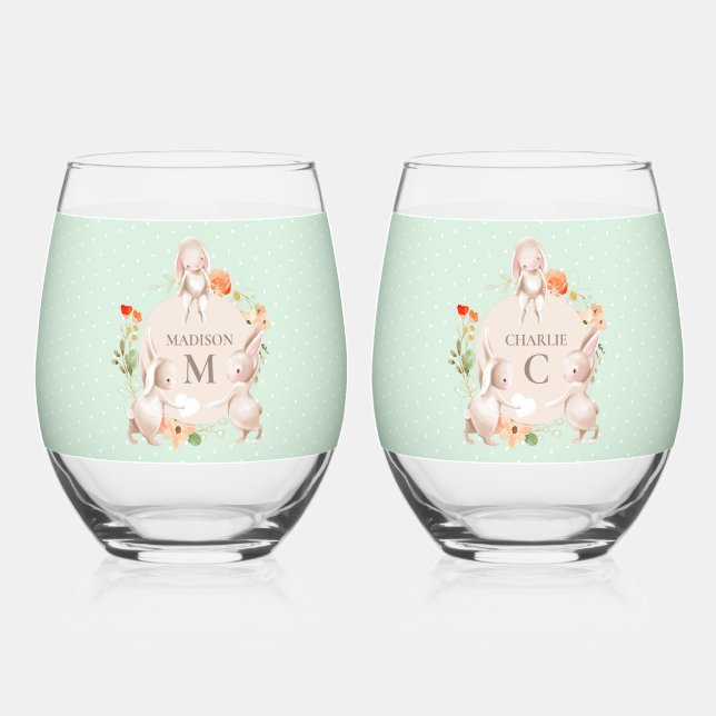 Monogram Bunny Rabbits Floral Oaster Personalisier Weinglas Ohne Stiel (Vorderseite)