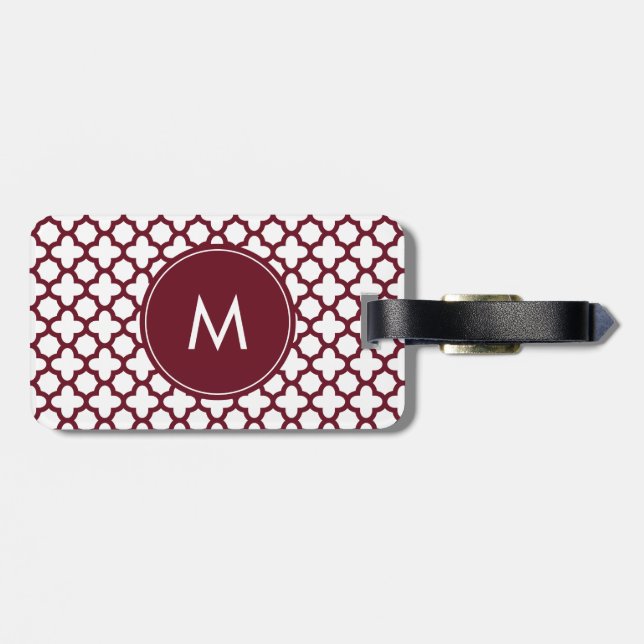 Monogram Burgundy and White Quatrefoil Pattern Gepäckanhänger (Rückseite horizontal)