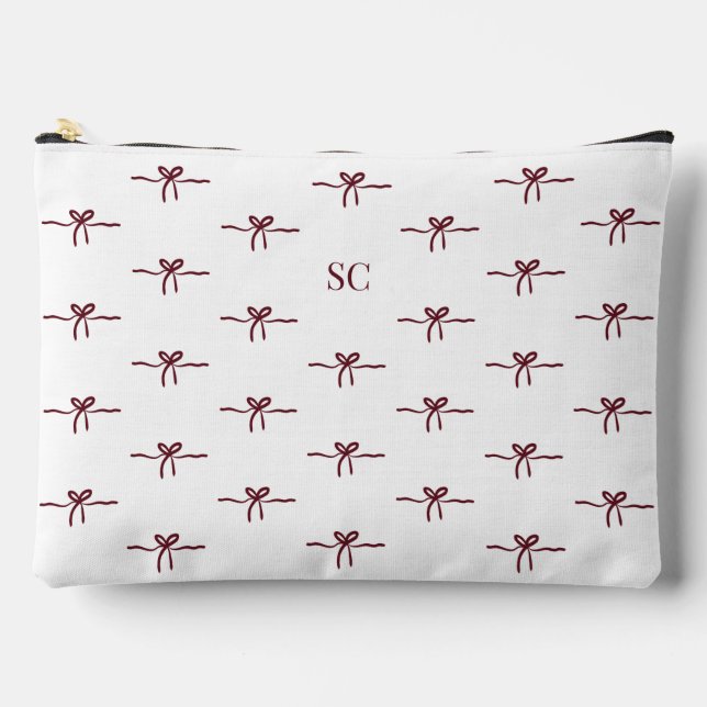 Monogram Burgundy Bow White Modern Travel Large Zubehörtasche (Vorderseite)