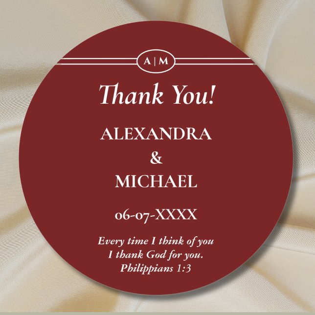Monogram Burgundy Christian Wedding Thank You Runder Aufkleber (Von Creator hochgeladen)