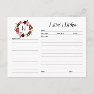 Monogram Burgundy Floral Wreath-Rezept-Karten Postkarte