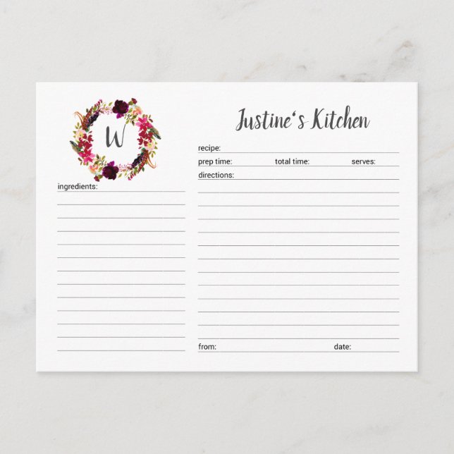 Monogram Burgundy Floral Wreath-Rezept-Karten Postkarte (Vorderseite)