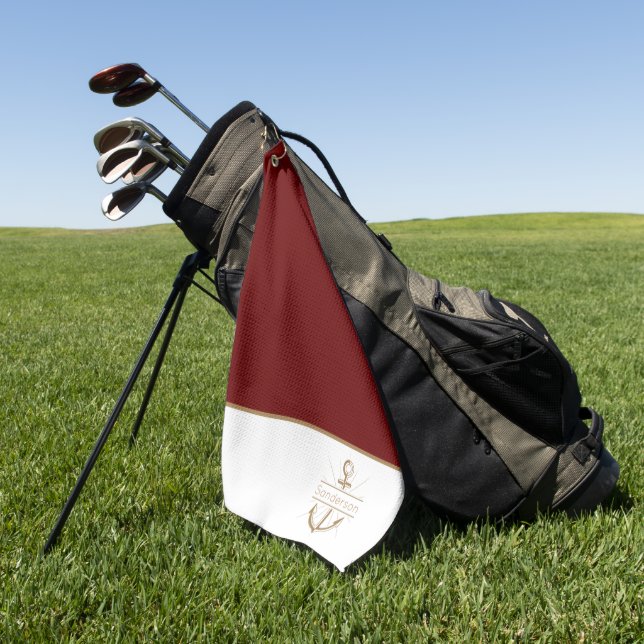 Monogram Burgundy Gold Anchor der Nautic Family Golfhandtuch (Gras)