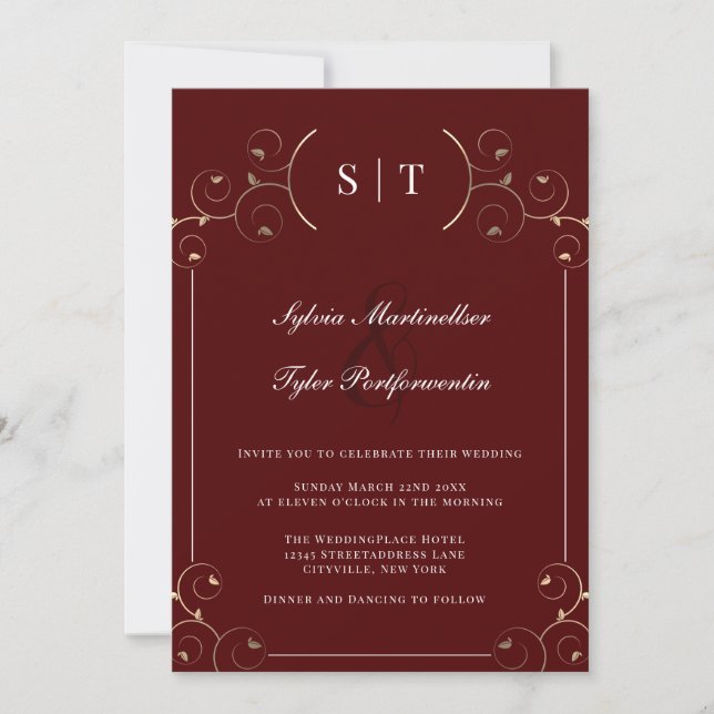 Monogram Burgundy Gold Blätter Wedding Einladung (Vorderseite)