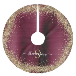Monogram Burgundy Gold Glitzer Girly Glam Polyester Weihnachtsbaumdecke