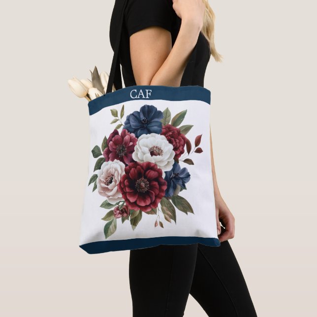 Monogram Burgundy Navy Blue White Floral Bouquet Tasche (Von Nahem)
