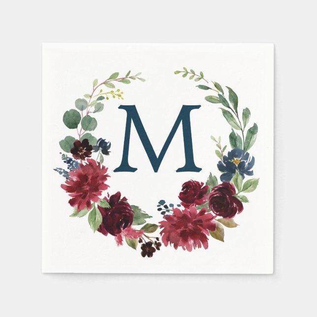Monogram Burgundy Navy Wedding Cocktail Napkin Serviette (Vorderseite)