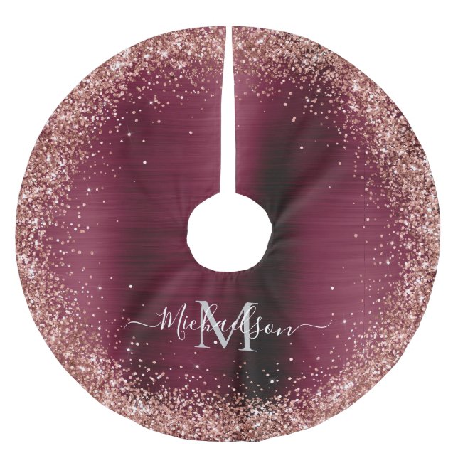 Monogram Burgundy Rose Gold Imitats-Glitzer Girly Polyester Weihnachtsbaumdecke (Vorderseite)