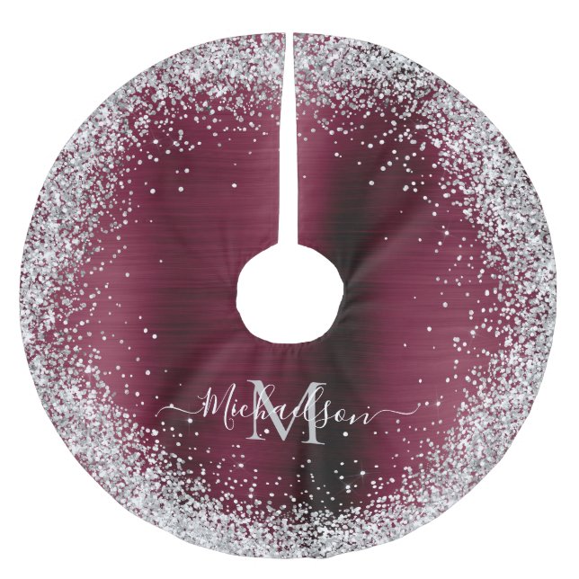 Monogram Burgundy Silver Glitzer Girly Glam Polyester Weihnachtsbaumdecke (Vorderseite)