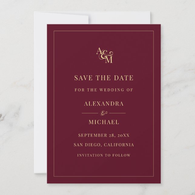 Monogram Burgundy Simple Elegant Moderne Hochzeit Save The Date (Vorderseite)