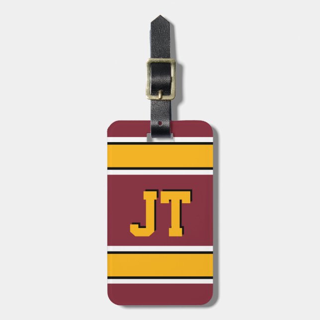 Monogram Burgundy und Gold Sports Stripes Gepäckanhänger (Vorderseite vertikal)