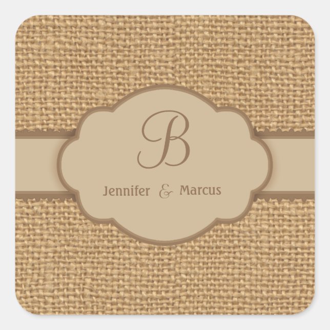 Monogram Burlap Custom Square Stickers (Vorderseite)