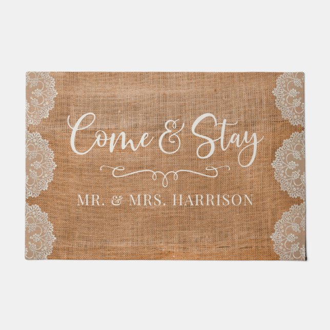 Monogram Burlap Lace Rustic Farmhouse Door Mat Fußmatte (Vorderseite)