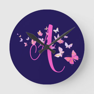 Monogram Butterfly Blue Pink Runde Wanduhr