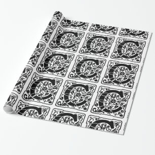 Monogram C Initial Black and White Floral Pattern Geschenkpapier