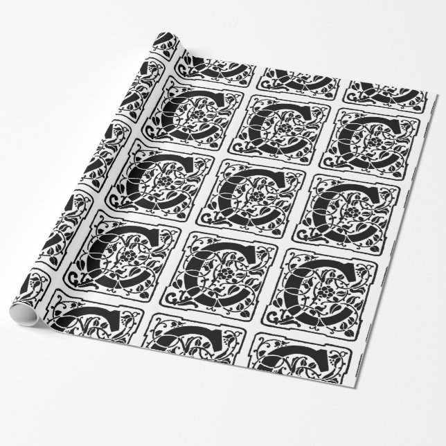 Monogram C Initial Black and White Floral Pattern Geschenkpapier (Ungerollt)