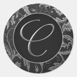 Monogram C Silver and Black Damask Wedding Siegel Runder Aufkleber