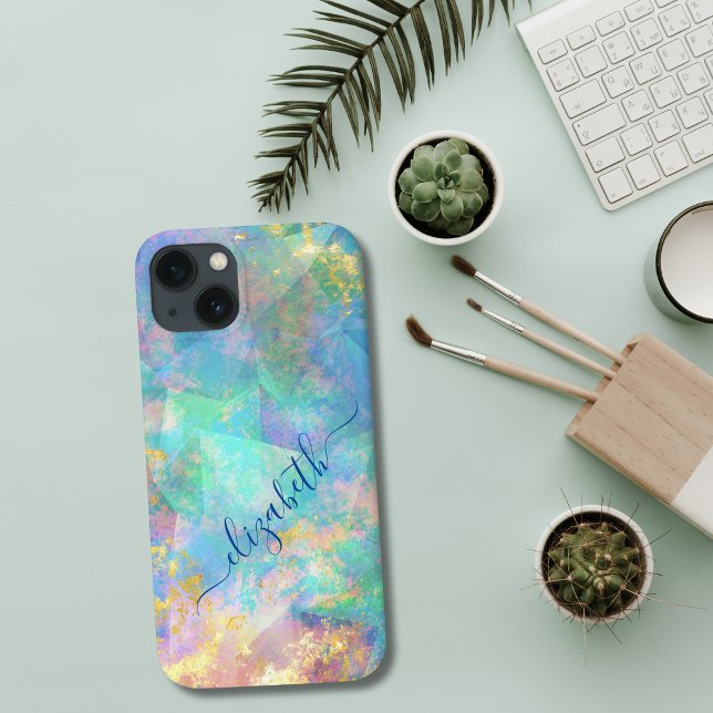 Monogram Calligraphy Blue Green Pink Gold Trendy Case-Mate iPhone Hülle (Script Calligraphy Monogram Blue Green Abstract Design iPhone case)