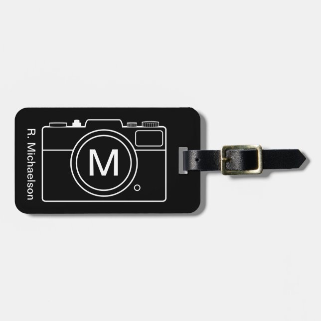 Monogram Camera Luggage Tag - Schwarz & Weiß Gepäckanhänger (Vorderseite horizontal)