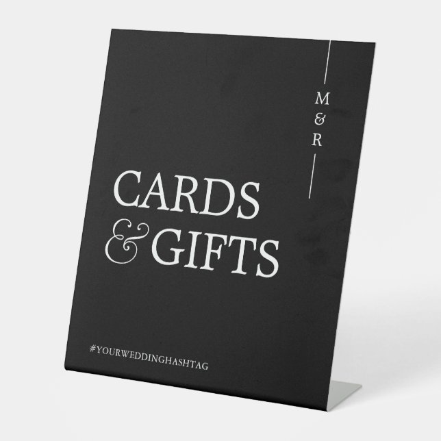 Monogram Card und Geschenke Schwarz/Weiß Hochzeit Sockelschild (Vorderseite)