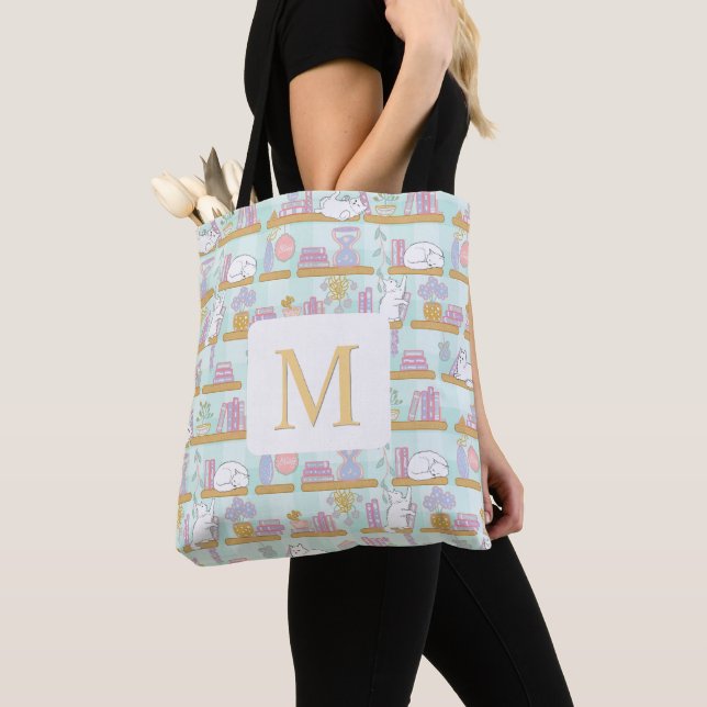 Monogram Cats Library Tote Bag Girly Mint Green (De près)