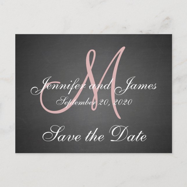 Monogram-Chalkboard Save the Date Ankündigungspostkarte (Vorderseite)